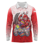 Personalized Dolphins Long Sleeve Polo Shirt Easter Mascot - Colorful Eggs Cartoon Style
