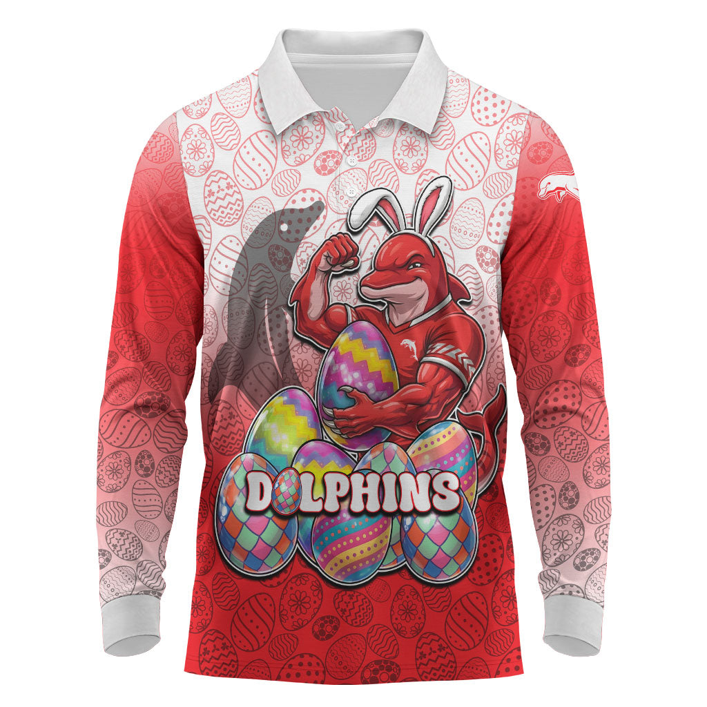 Personalized Dolphins Long Sleeve Polo Shirt Easter Mascot - Colorful Eggs Cartoon Style