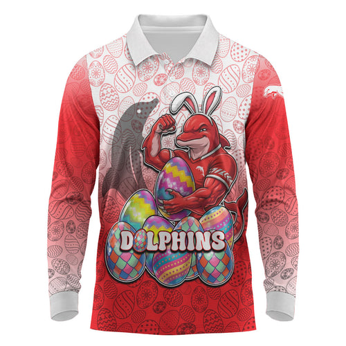 Personalized Dolphins Long Sleeve Polo Shirt Easter Mascot - Colorful Eggs Cartoon Style