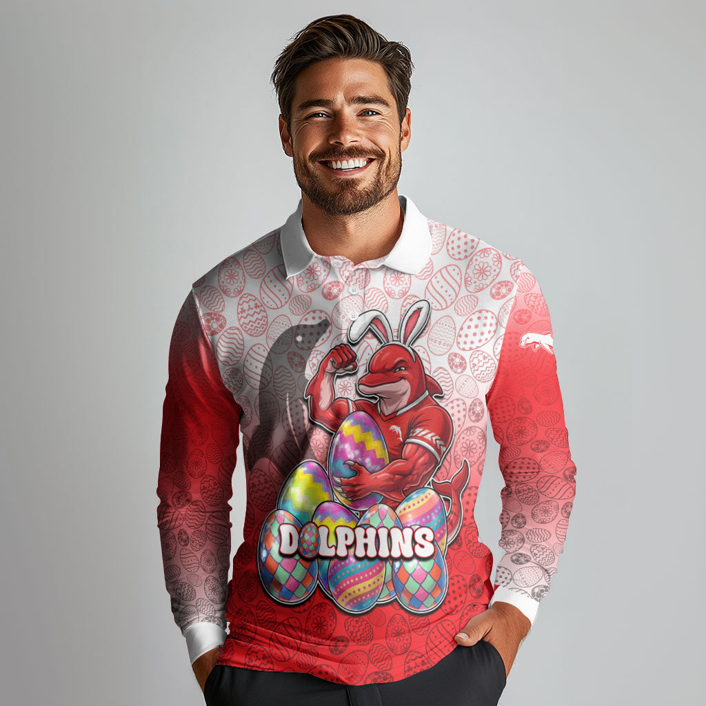 Personalized Dolphins Long Sleeve Polo Shirt Easter Mascot - Colorful Eggs Cartoon Style