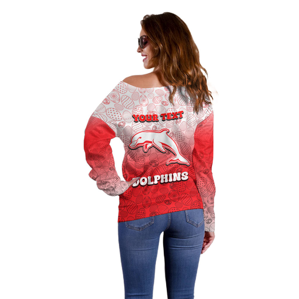 Personalized Dolphins Off Shoulder Sweater Easter Mascot - Colorful Eggs Cartoon Style