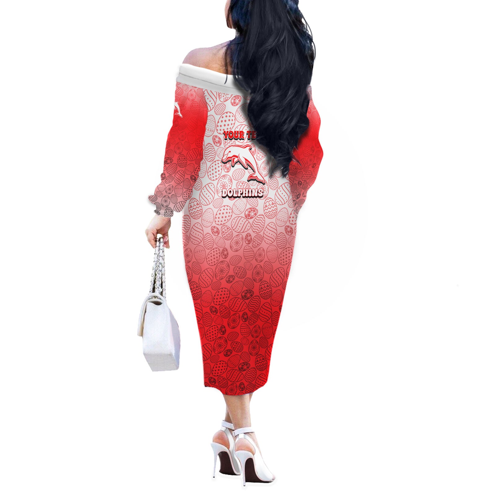 Personalized Dolphins Off The Shoulder Long Sleeve Dress Easter Mascot - Colorful Eggs Cartoon Style