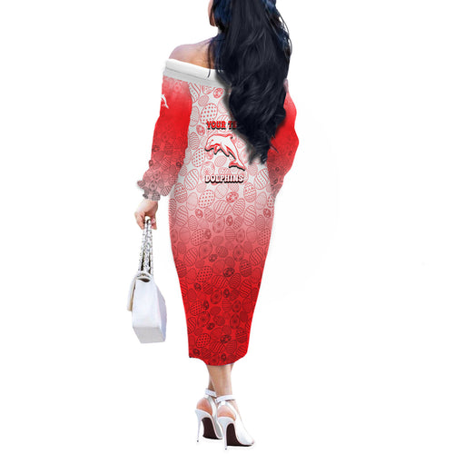 Personalized Dolphins Off The Shoulder Long Sleeve Dress Easter Mascot - Colorful Eggs Cartoon Style