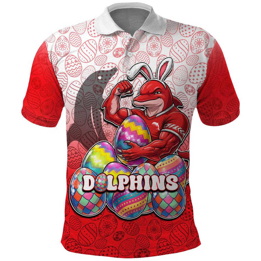 Personalized Dolphins Polo Shirt Easter Mascot - Colorful Eggs Cartoon Style