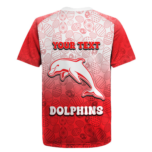 Personalized Dolphins Rugby Jersey Easter Mascot - Colorful Eggs Cartoon Style