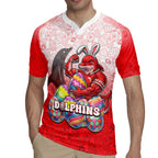 Personalized Dolphins Rugby Jersey Easter Mascot - Colorful Eggs Cartoon Style