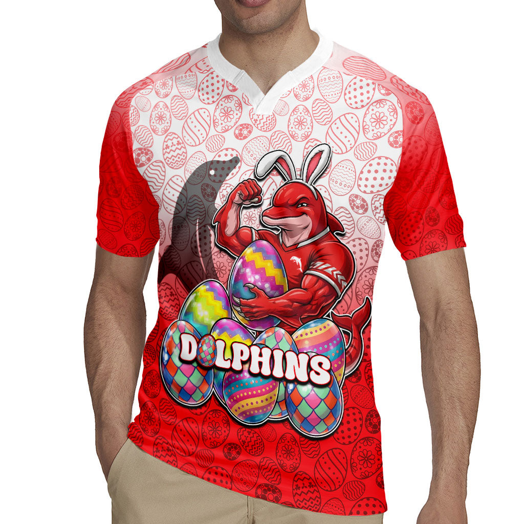 Personalized Dolphins Rugby Jersey Easter Mascot - Colorful Eggs Cartoon Style