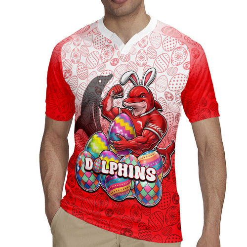 Personalized Dolphins Rugby Jersey Easter Mascot - Colorful Eggs Cartoon Style