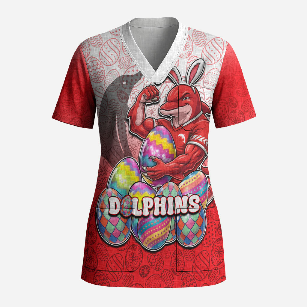 Personalized Dolphins Scrub Top Easter Mascot - Colorful Eggs Cartoon Style