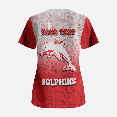 Personalized Dolphins Scrub Top Easter Mascot - Colorful Eggs Cartoon Style
