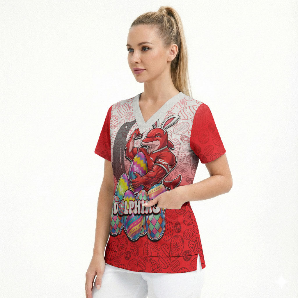 Personalized Dolphins Scrub Top Easter Mascot - Colorful Eggs Cartoon Style