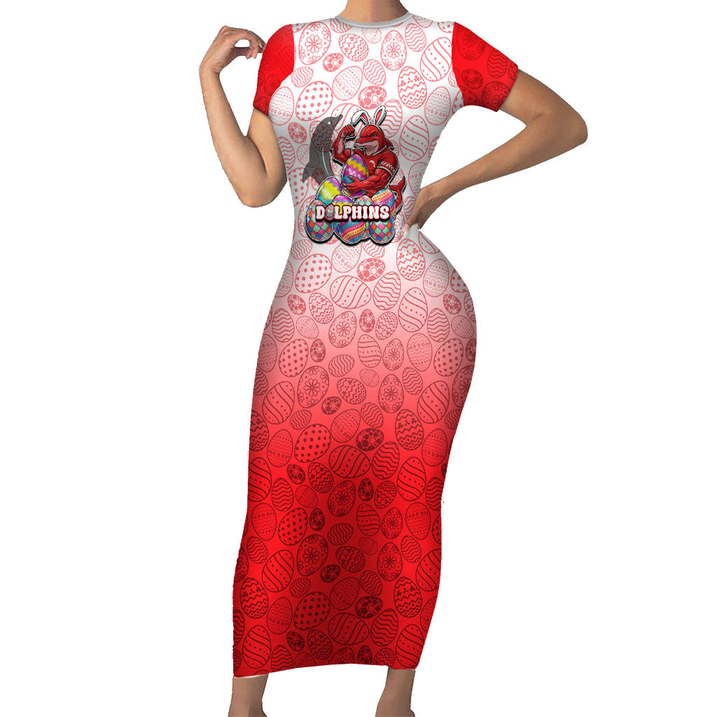 Personalized Dolphins Short Sleeve Bodycon Dress Easter Mascot - Colorful Eggs Cartoon Style