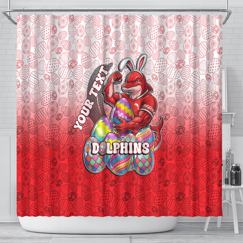 Personalized Dolphins Shower Curtain Easter Mascot - Colorful Eggs Cartoon Style