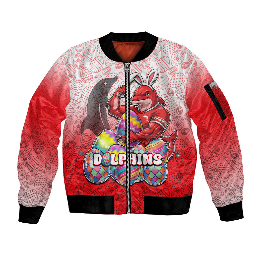 Personalized Dolphins Sleeve Zip Bomber Jacket Easter Mascot - Colorful Eggs Cartoon Style