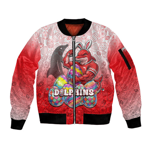 Personalized Dolphins Sleeve Zip Bomber Jacket Easter Mascot - Colorful Eggs Cartoon Style