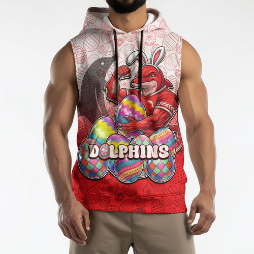 Personalized Dolphins Sleeveless Hoodie Easter Mascot - Colorful Eggs Cartoon Style