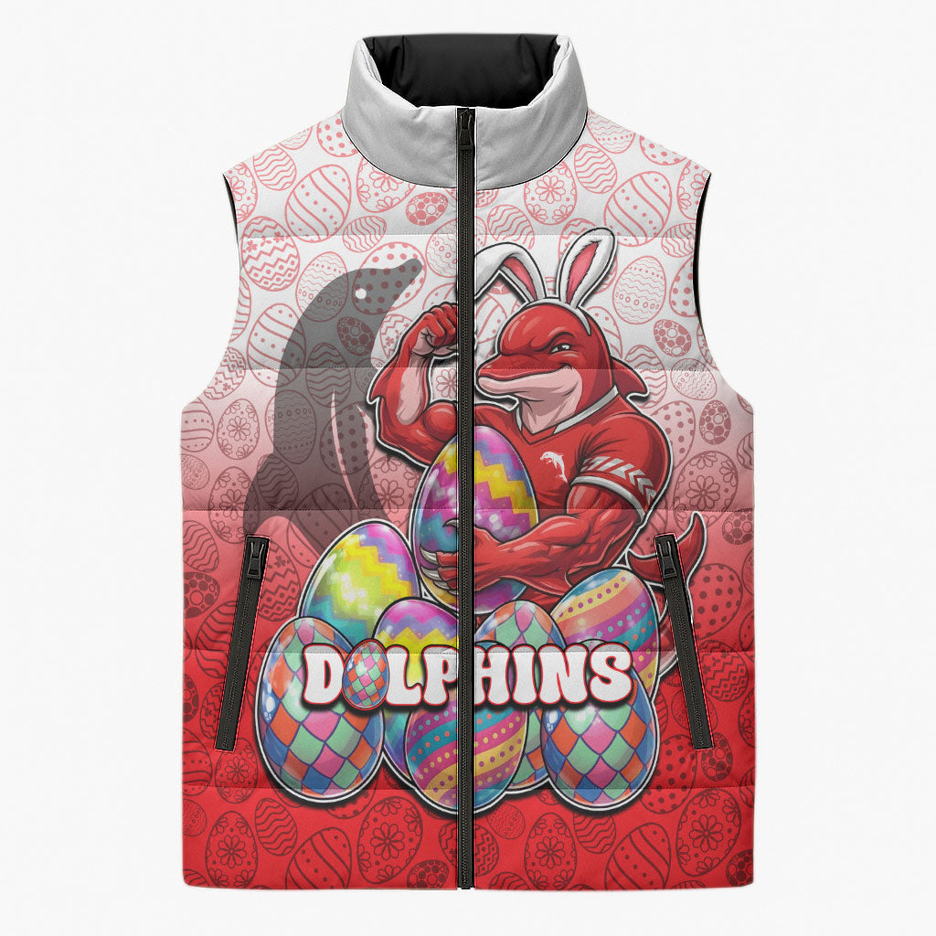 Personalized Dolphins Sleeveless Puffer Jacket Easter Mascot - Colorful Eggs Cartoon Style