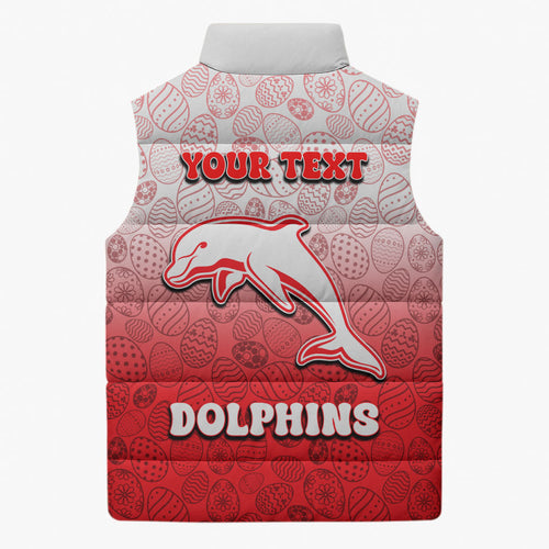Personalized Dolphins Sleeveless Puffer Jacket Easter Mascot - Colorful Eggs Cartoon Style