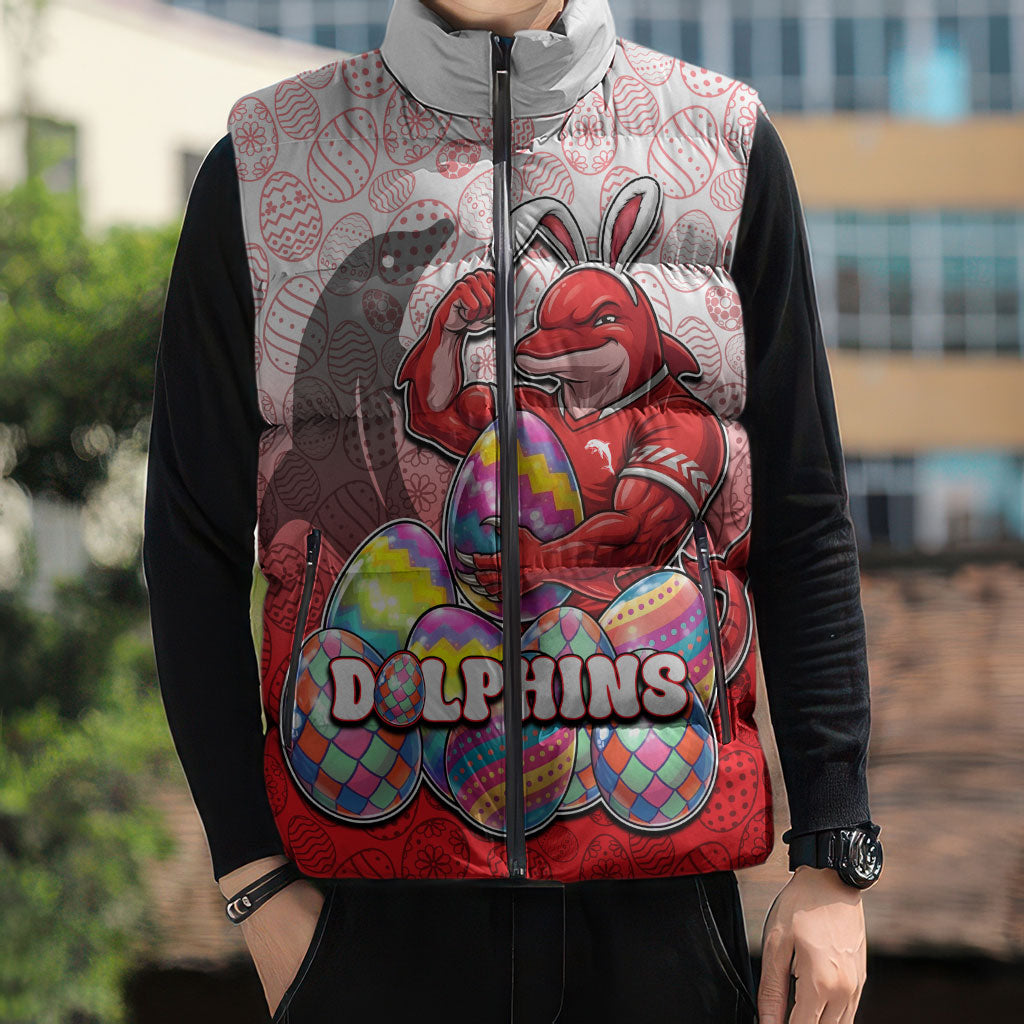 Personalized Dolphins Sleeveless Puffer Jacket Easter Mascot - Colorful Eggs Cartoon Style