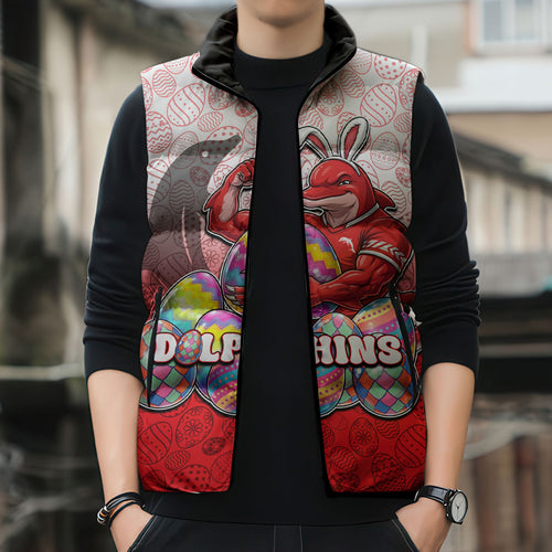 Personalized Dolphins Sleeveless Puffer Jacket Easter Mascot - Colorful Eggs Cartoon Style