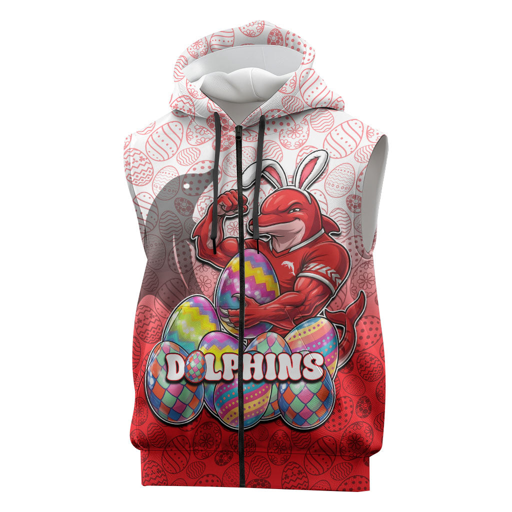 Personalized Dolphins Sleeveless Zip Hoodie Easter Mascot - Colorful Eggs Cartoon Style