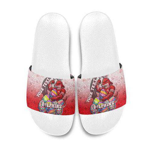 Personalized Dolphins Slide Sandals Easter Mascot - Colorful Eggs Cartoon Style
