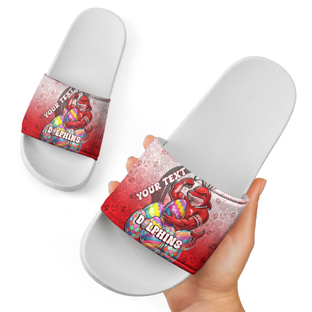 Personalized Dolphins Slide Sandals Easter Mascot - Colorful Eggs Cartoon Style