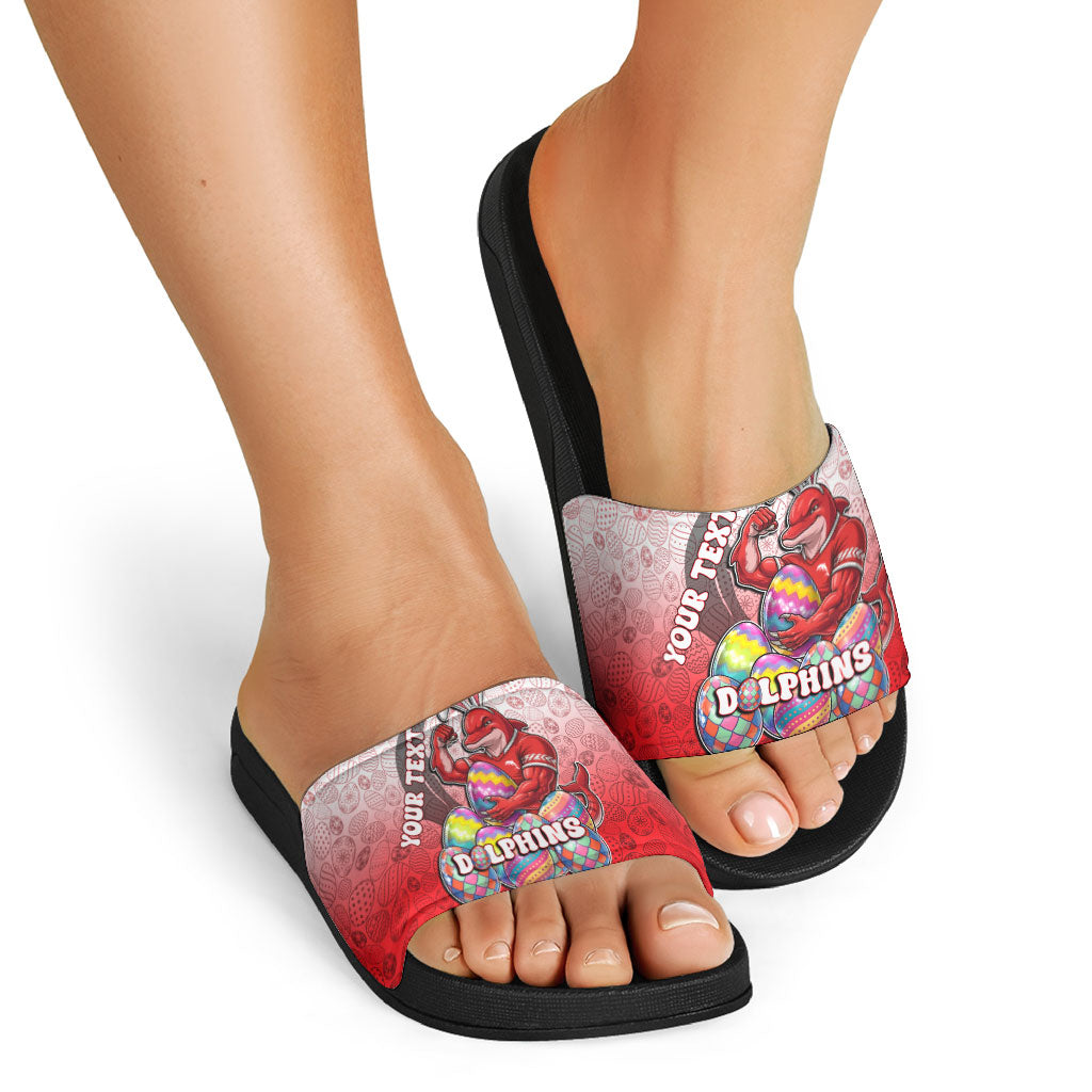 Personalized Dolphins Slide Sandals Easter Mascot - Colorful Eggs Cartoon Style
