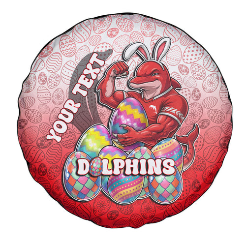 Personalized Dolphins Spare Tire Cover Easter Mascot - Colorful Eggs Cartoon Style