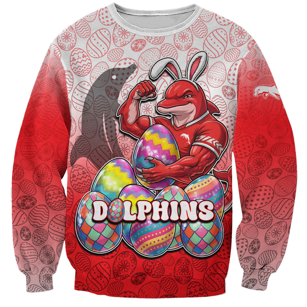 Personalized Dolphins Sweatshirt Easter Mascot - Colorful Eggs Cartoon Style