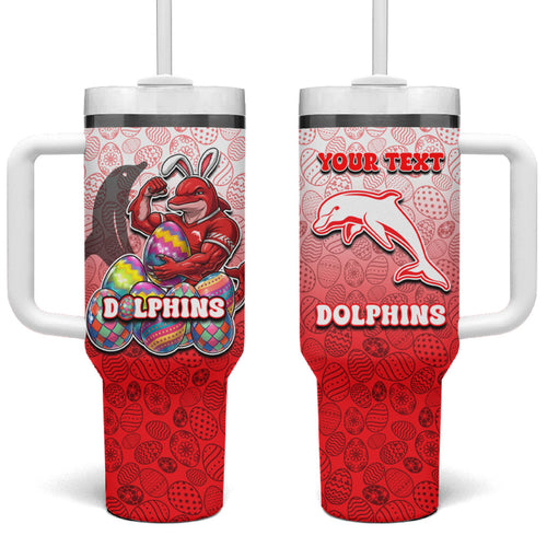 Personalized Dolphins Tumbler With Handle Easter Mascot - Colorful Eggs Cartoon Style
