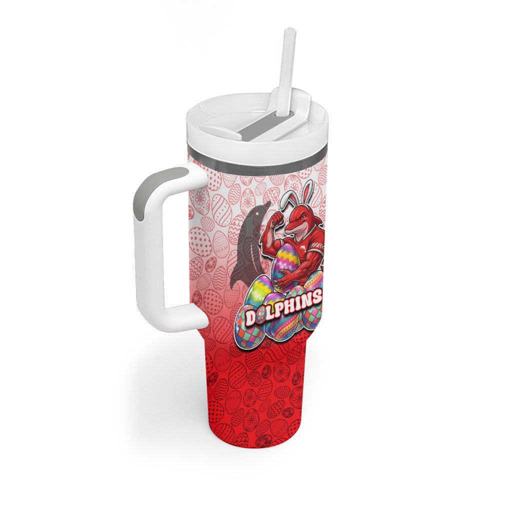Personalized Dolphins Tumbler With Handle Easter Mascot - Colorful Eggs Cartoon Style