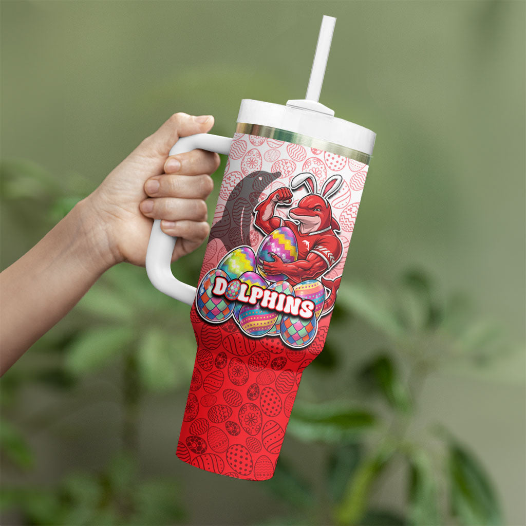 Personalized Dolphins Tumbler With Handle Easter Mascot - Colorful Eggs Cartoon Style