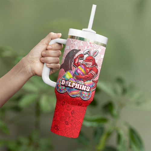 Personalized Dolphins Tumbler With Handle Easter Mascot - Colorful Eggs Cartoon Style