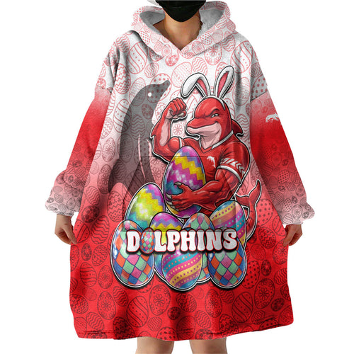 Personalized Dolphins Wearable Blanket Hoodie Easter Mascot - Colorful Eggs Cartoon Style