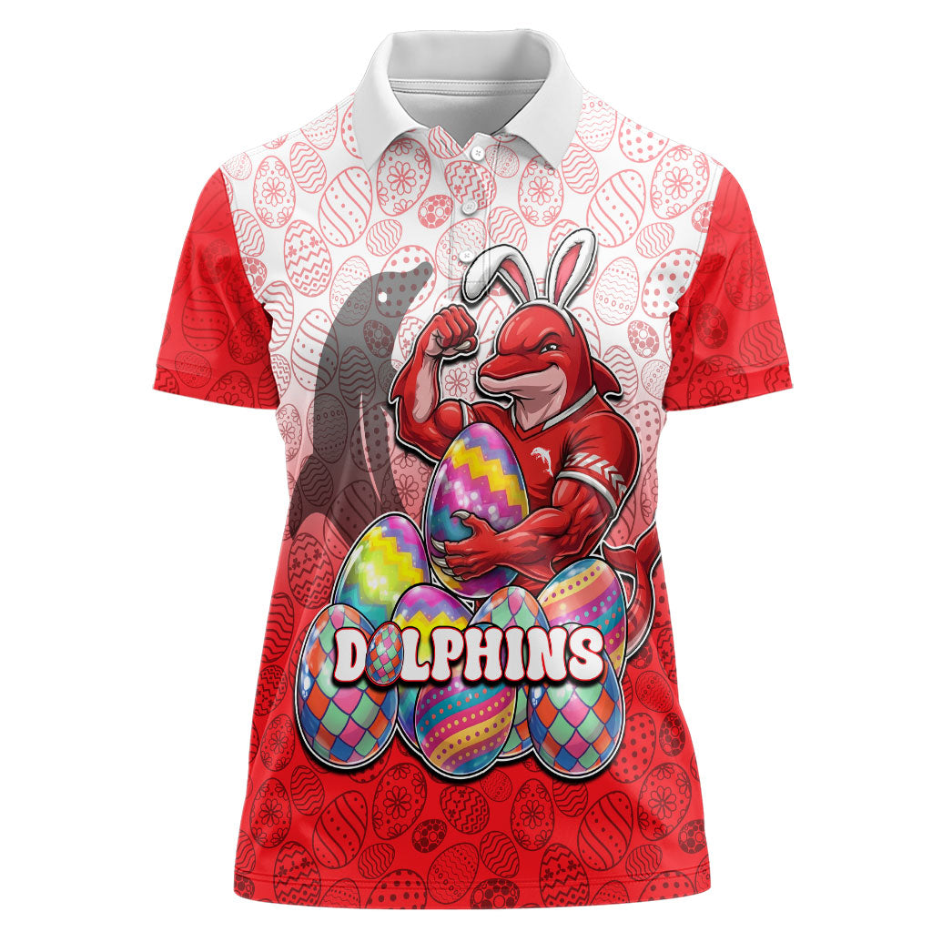 Personalized Dolphins Women Polo Shirt Easter Mascot - Colorful Eggs Cartoon Style