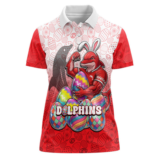 Personalized Dolphins Women Polo Shirt Easter Mascot - Colorful Eggs Cartoon Style