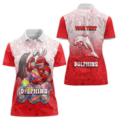 Personalized Dolphins Women Polo Shirt Easter Mascot - Colorful Eggs Cartoon Style