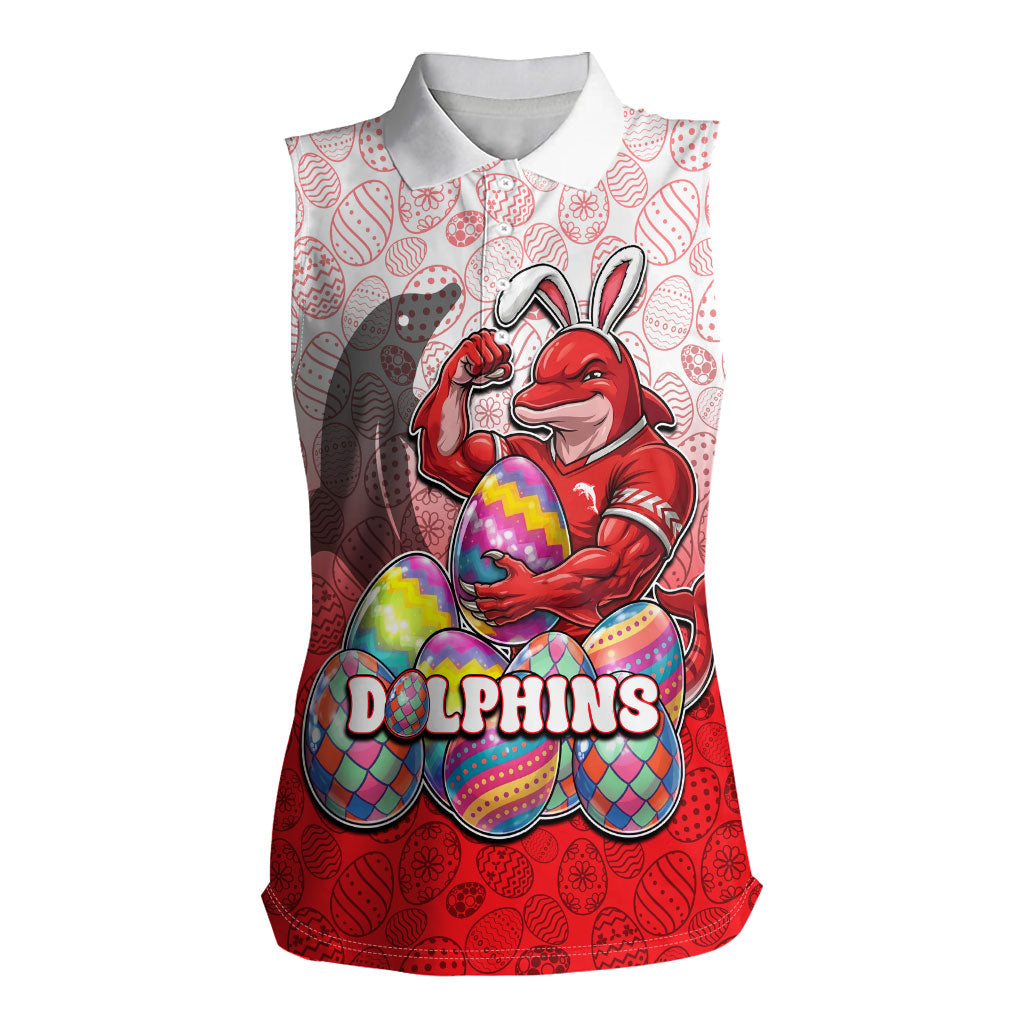 Personalized Dolphins Women Sleeveless Polo Shirt Easter Mascot - Colorful Eggs Cartoon Style