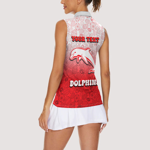Personalized Dolphins Women Sleeveless Polo Shirt Easter Mascot - Colorful Eggs Cartoon Style