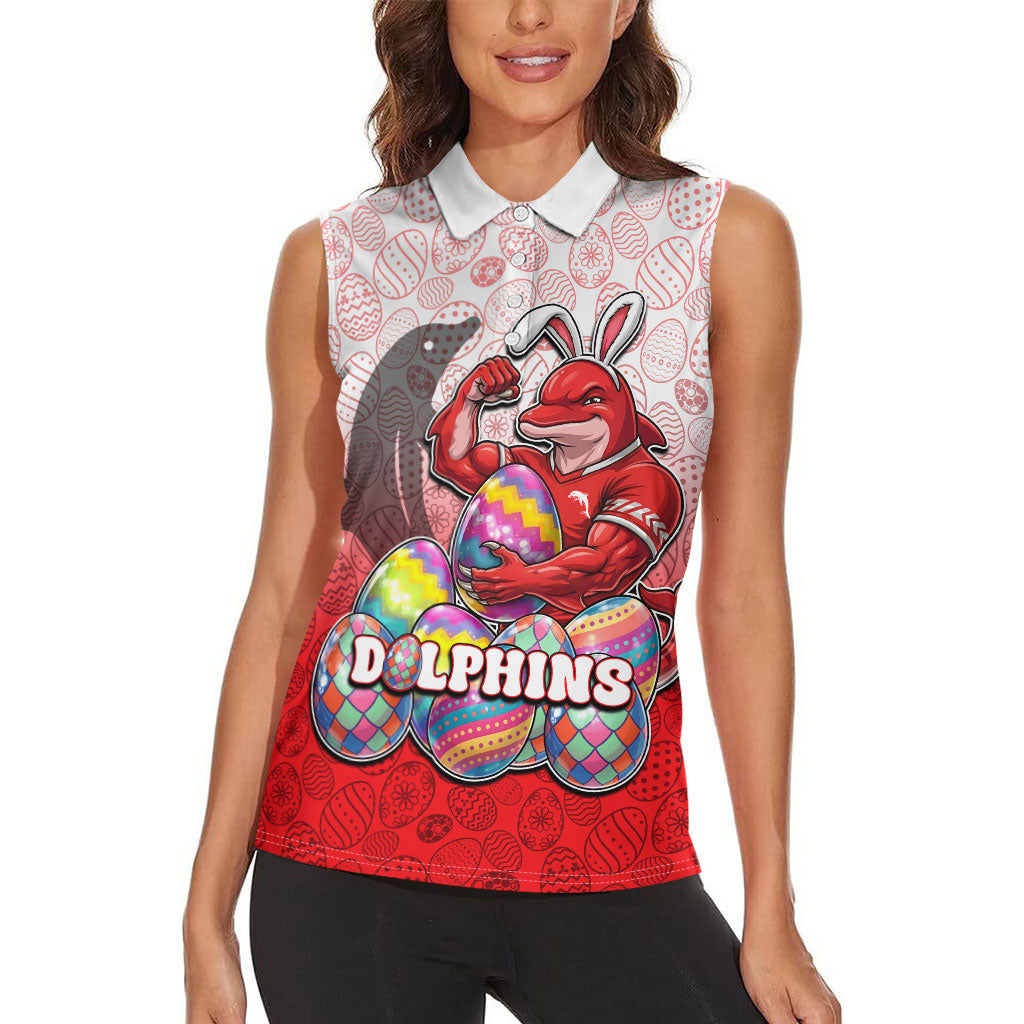 Personalized Dolphins Women Sleeveless Polo Shirt Easter Mascot - Colorful Eggs Cartoon Style