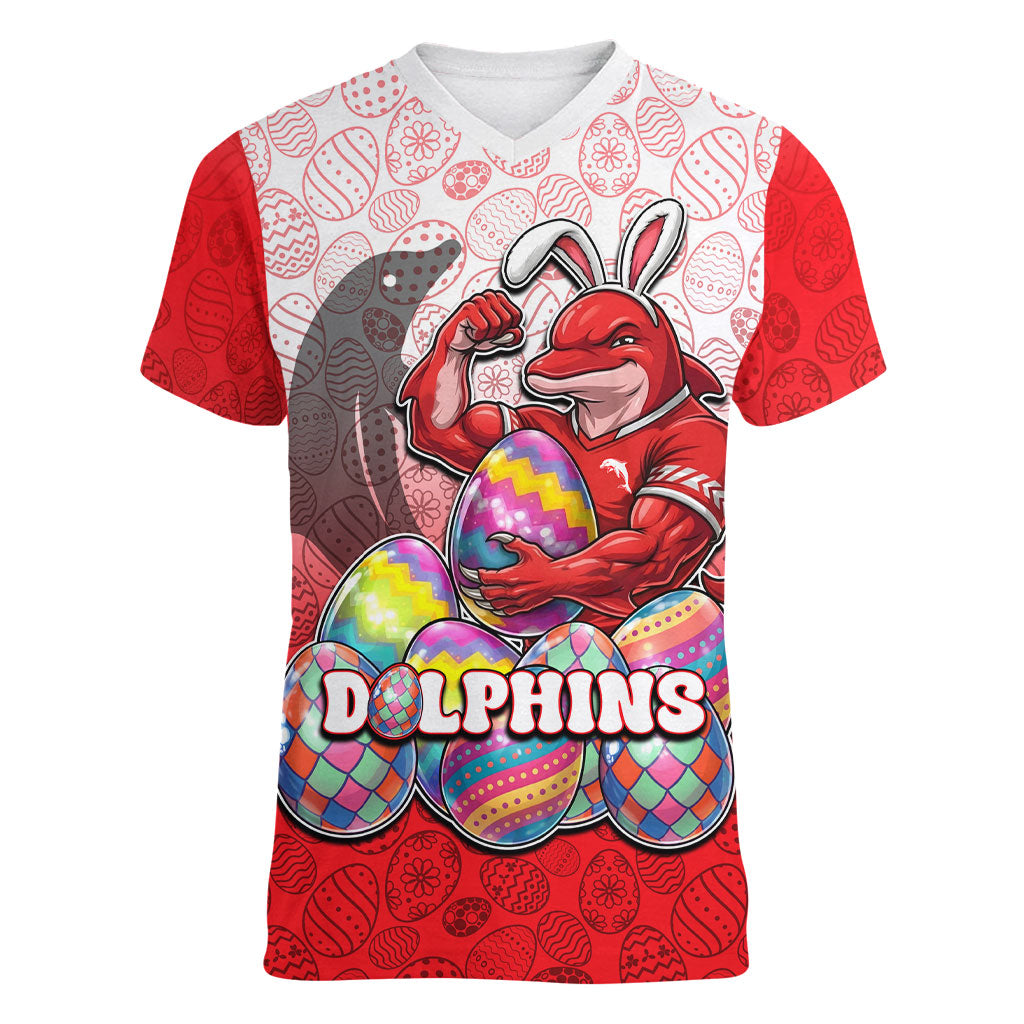 Personalized Dolphins Women V-Neck T-Shirt Easter Mascot - Colorful Eggs Cartoon Style