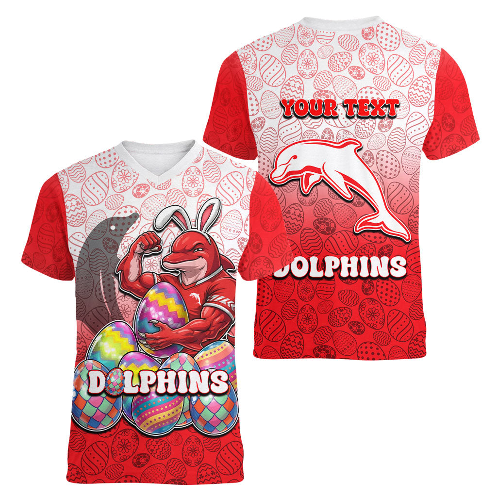 Personalized Dolphins Women V-Neck T-Shirt Easter Mascot - Colorful Eggs Cartoon Style