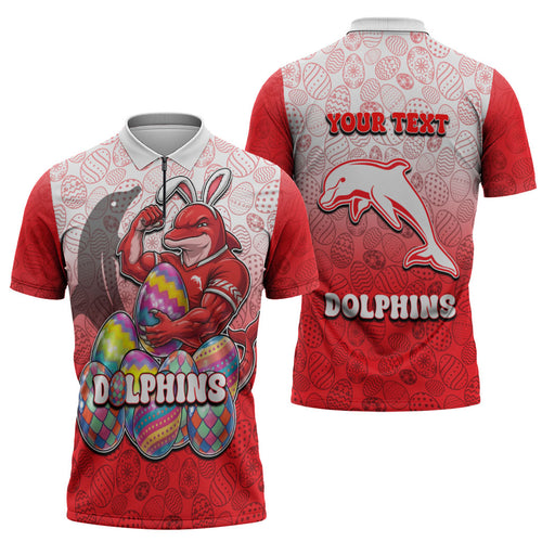 Personalized Dolphins Zipper Polo Shirt Easter Mascot - Colorful Eggs Cartoon Style