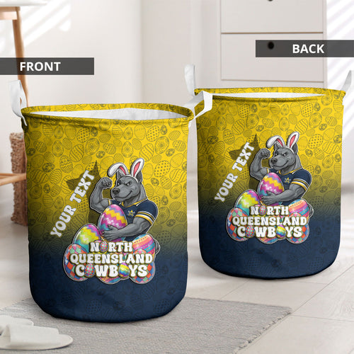 Personalized North Queensland Cowboys Laundry Basket Easter Mascot - Colorful Eggs Cartoon Style