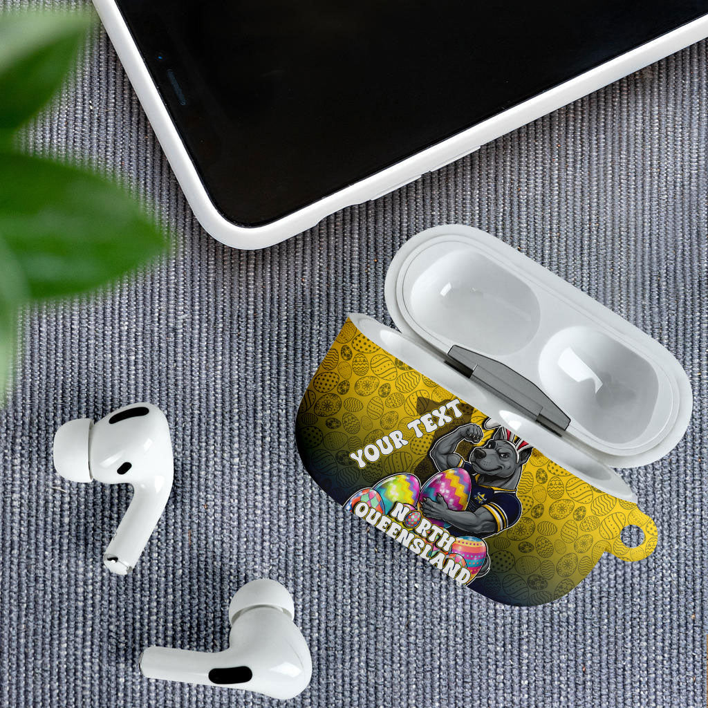 Personalized North Queensland Cowboys AirPods Case Easter Mascot - Colorful Eggs Cartoon Style