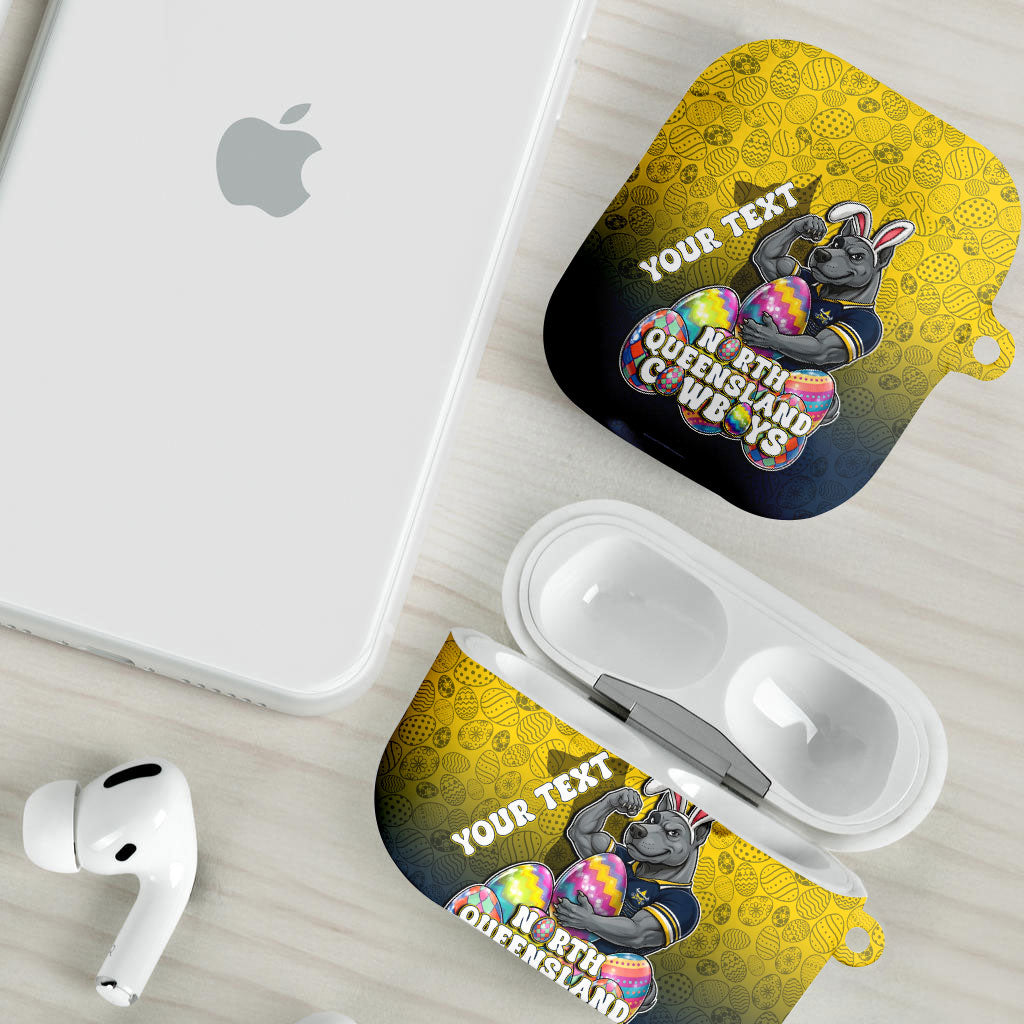 Personalized North Queensland Cowboys AirPods Case Easter Mascot - Colorful Eggs Cartoon Style