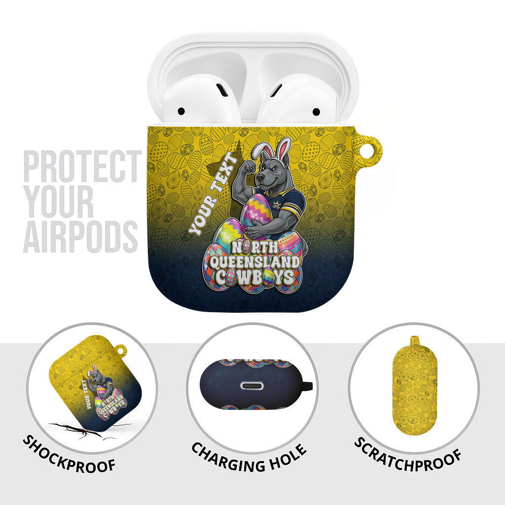 Personalized North Queensland Cowboys AirPods Case Easter Mascot - Colorful Eggs Cartoon Style