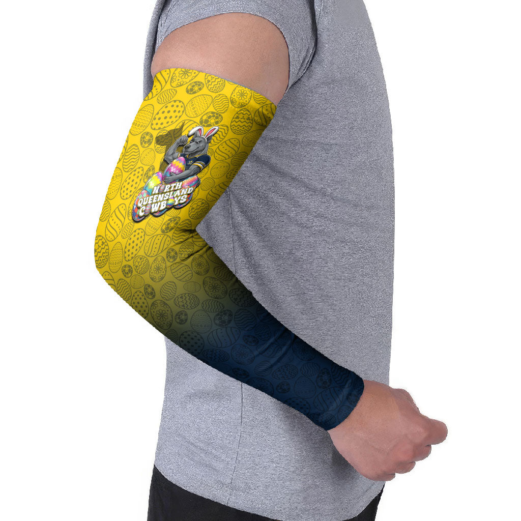 Personalized North Queensland Cowboys Arm Sleeves Easter Mascot - Colorful Eggs Cartoon Style