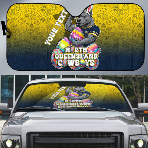 Personalized North Queensland Cowboys Auto Sun Shade Easter Mascot - Colorful Eggs Cartoon Style